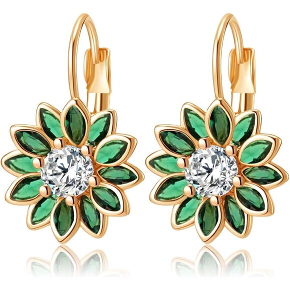 14K Gold Plated Green Main Crystal Flower Drop Leverback Earrings for Women - Picture 1 of 7